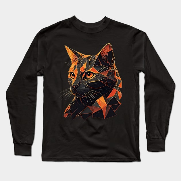 Black and Orange Polygon Cat Modern Geometric Design Long Sleeve T-Shirt by TheKiziox